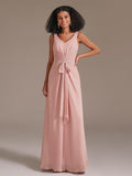 Simple Double V-neck Floor-Length Chiffon Bridesmaid Dress with Belt