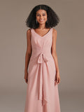 Simple Double V-neck Floor-Length Chiffon Bridesmaid Dress with Belt