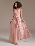 Simple Double V-neck Floor-Length Chiffon Bridesmaid Dress with Belt