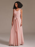 Simple Double V-neck Floor-Length Chiffon Bridesmaid Dress with Belt