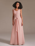 Simple Double V-neck Floor-Length Chiffon Bridesmaid Dress with Belt