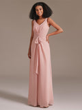 Simple Double V-neck Floor-Length Chiffon Bridesmaid Dress with Belt