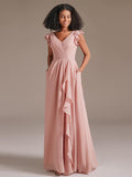 Romantic Double V-neck Floor-Length Chiffon Bridesmaid Dress with Ruffle Sleeves