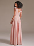 Romantic Double V-neck Floor-Length Chiffon Bridesmaid Dress with Ruffle Sleeves