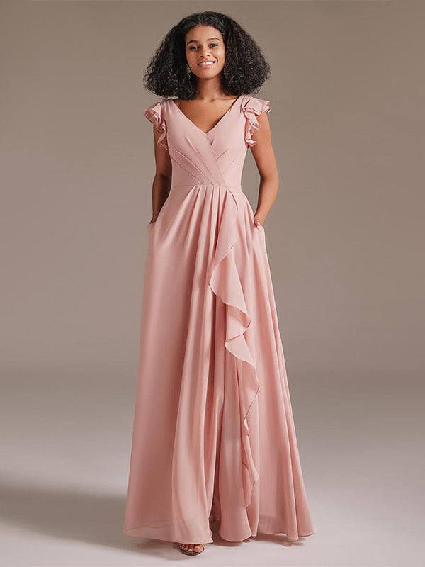 Romantic Double V-neck Floor-Length Chiffon Bridesmaid Dress with Ruffle Sleeves