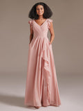 Romantic Double V-neck Floor-Length Chiffon Bridesmaid Dress with Ruffle Sleeves