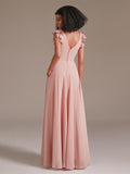 Romantic Double V-neck Floor-Length Chiffon Bridesmaid Dress with Ruffle Sleeves