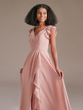 Romantic Double V-neck Floor-Length Chiffon Bridesmaid Dress with Ruffle Sleeves
