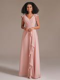 Romantic Double V-neck Floor-Length Chiffon Bridesmaid Dress with Ruffle Sleeves