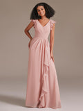 Romantic Double V-neck Floor-Length Chiffon Bridesmaid Dress with Ruffle Sleeves