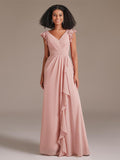 Romantic Double V-neck Floor-Length Chiffon Bridesmaid Dress with Ruffle Sleeves