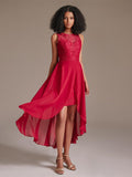 Elegant Round Neckline Sleeveless High Low Chiffon Lace Red Bridesmaid Dress