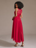 Elegant Round Neckline Sleeveless High Low Chiffon Lace Red Bridesmaid Dress