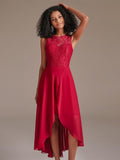 Elegant Round Neckline Sleeveless High Low Chiffon Lace Red Bridesmaid Dress