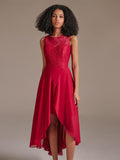Elegant Round Neckline Sleeveless High Low Chiffon Lace Red Bridesmaid Dress