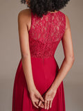 Elegant Round Neckline Sleeveless High Low Chiffon Lace Red Bridesmaid Dress