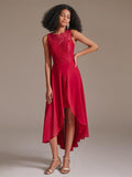 Elegant Round Neckline Sleeveless High Low Chiffon Lace Red Bridesmaid Dress