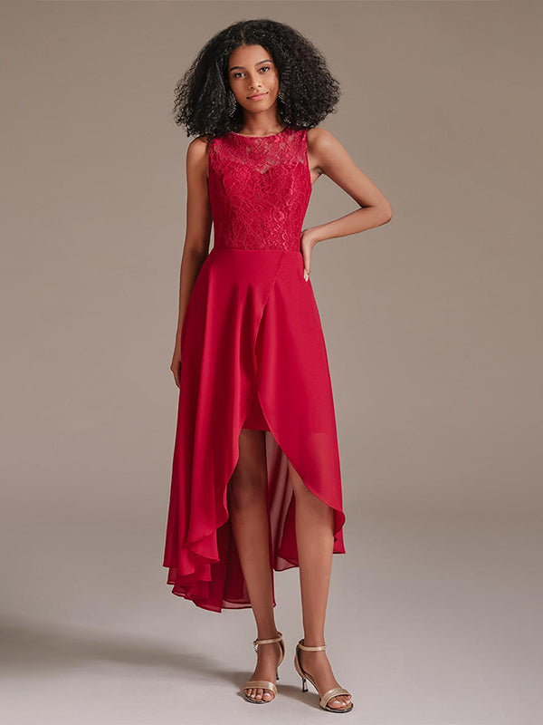 Elegant Round Neckline Sleeveless High Low Chiffon Lace Red Bridesmaid Dress