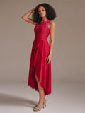 Elegant Round Neckline Sleeveless High Low Chiffon Lace Red Bridesmaid Dress
