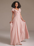Elegant Ruffle Chiffon Long Dusty Rose Bridesmaid Dress