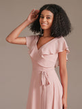 Elegant Ruffle Chiffon Long Dusty Rose Bridesmaid Dress