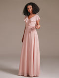 Elegant Ruffle Chiffon Long Dusty Rose Bridesmaid Dress