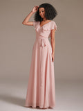 Elegant Ruffle Chiffon Long Dusty Rose Bridesmaid Dress