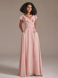 Elegant Ruffle Chiffon Long Dusty Rose Bridesmaid Dress