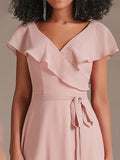 Elegant Ruffle Chiffon Long Dusty Rose Bridesmaid Dress