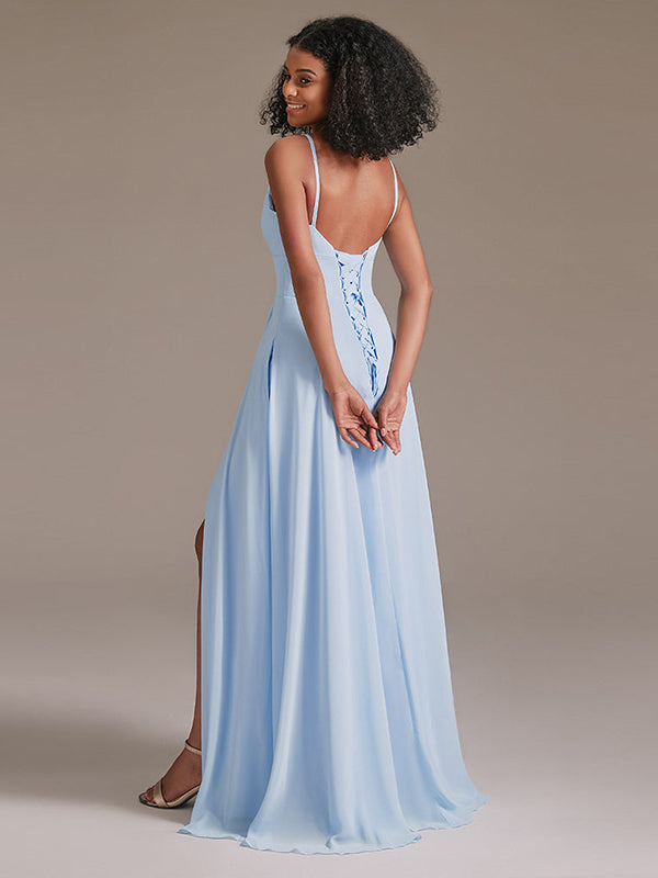 Simple V-Neck Chiffon Bridesmaid Maxi Dress with Pocket