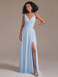 Simple V-Neck Chiffon Bridesmaid Maxi Dress with Pocket