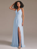 Simple V-Neck Chiffon Bridesmaid Maxi Dress with Pocket
