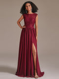 Elegant Floral Lace Chiffon Bridesmaid Dress with Slit