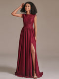 Elegant Floral Lace Chiffon Bridesmaid Dress with Slit