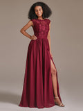 Elegant Floral Lace Chiffon Bridesmaid Dress with Slit