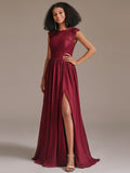 Elegant Floral Lace Chiffon Bridesmaid Dress with Slit