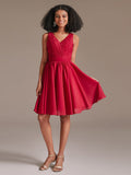 Floral Lace V-Neck Short Bridesamid Dress