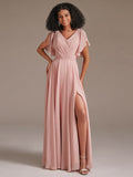 New A Line Chiffon Bridesmaid Dress with Short Sleeve