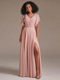 New A Line Chiffon Bridesmaid Dress with Short Sleeve