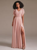 A Line Chiffon Bridesmaid Dress with Short Sleeve