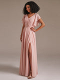 New A Line Chiffon Bridesmaid Dress with Short Sleeve