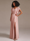 A Line Chiffon Bridesmaid Dress with Short Sleeve