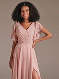 New A Line Chiffon Bridesmaid Dress with Short Sleeve