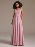Off Shoulder Pleated Chiffon Bridesmaid Maxi Dress