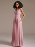 Off Shoulder Pleated Chiffon Bridesmaid Maxi Dress