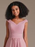 Off Shoulder Pleated Chiffon Bridesmaid Maxi Dress