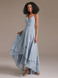 V-Neck Ruffle Chiffon High Low Bridesmaid Dresses