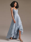 V-Neck Ruffle Chiffon High Low Bridesmaid Dresses