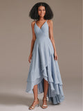 V-Neck Ruffle Chiffon High Low Bridesmaid Dresses