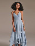 V-Neck Ruffle Chiffon High Low Bridesmaid Dresses